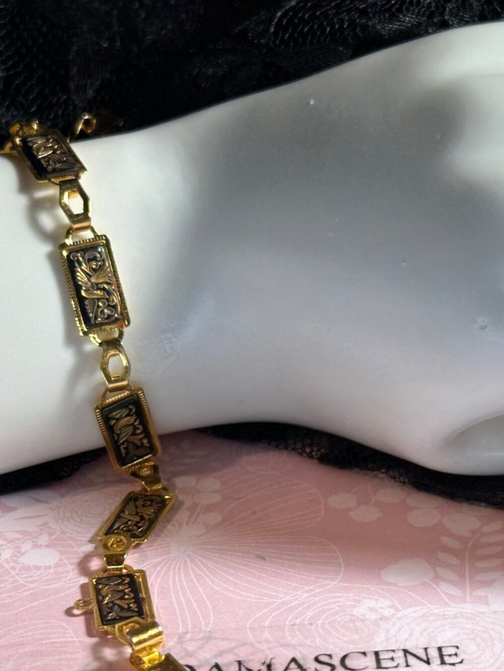 Vintage Damasquinado De Oro Gold 18k Gold Foil Art Spanish Links Bracelet